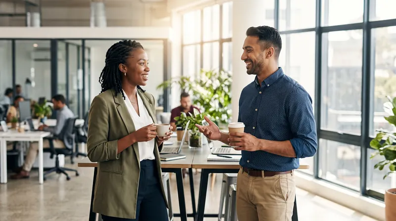 Dos compañeros de trabajo conversando con un café en una oficina luminosa
